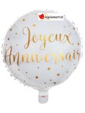 Ballon alu joyeux anniversaire - rond - blanc/or