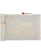 Chemin de table Joyeux Anniversaire métallisé blanc