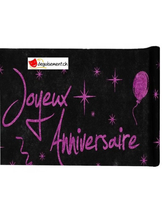 Chemin de table joyeux anniversaire noir-fuchsia