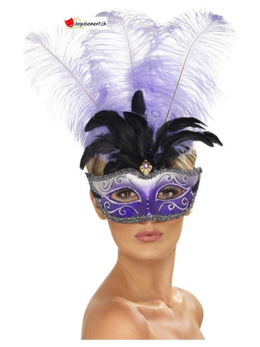 Masque de Colombine vénitienne violet avec plumes